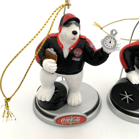 3 Coca-Cola NASCAR Polar Bear Pit Crew Xmas Ornaments Tire Wrench Boxes Vintage - Picture 3 of 10